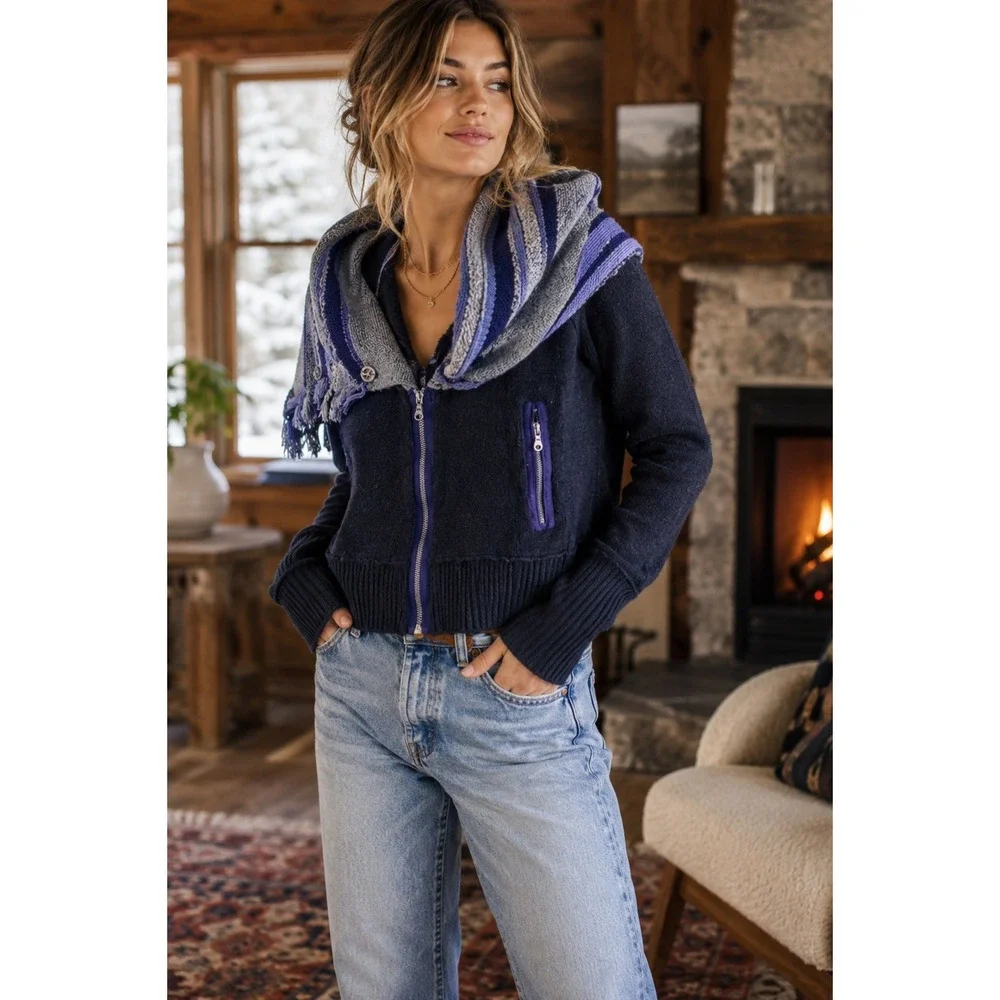 Free People Wool Sweater M Hooded Zip Cardigan Fringe Boho Artsy Y2K Cozy